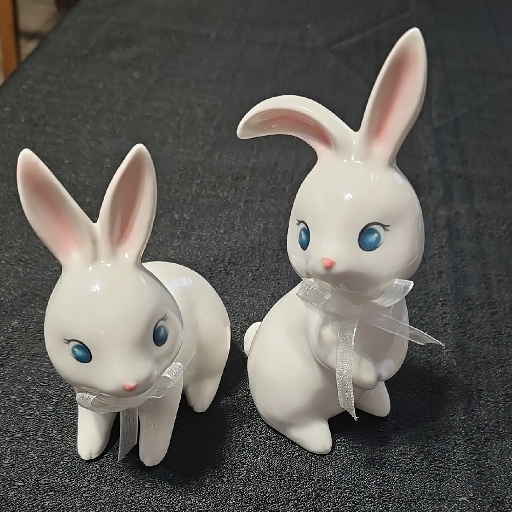 White Ceramic Bunny Figurines with Pink and Blue Accents